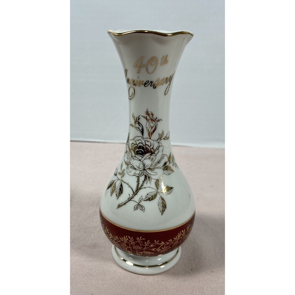 Vintage Norcrest Fine China 40th Anniversary Vase Gold white & Ash Japan 6"T
